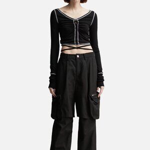 Lesugiatelier Shirred Long Sleeve Top Black Contrast Stitch Tie Waist Size M